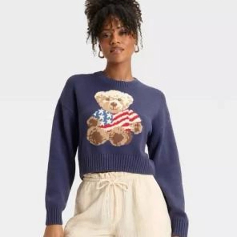 Grayson Threads Navy Sweater with Patriotic Bear M
